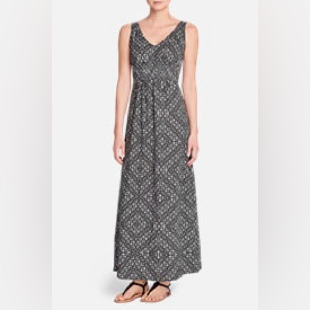 Eddie Bauer Smocked Cotton Navy Patterned Maxi Dress